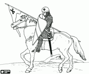 desenho de Cavaleiro com capacete, malha de aço, escudo, espada e lança portador para colorir