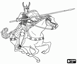 desenho de Cavaleiro lançando um ataque rápido contra o inimigo com a lança, a cavalo para colorir