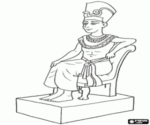 desenho de Faraó sentado em seu trono com um cetro nejej, sob a forma de um chicote, na mão para colorir