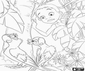 desenho de Fernando encontra as araras Azul e Jade na floresta para colorir