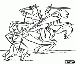 desenho de Luta com espadas entre dois guerreiros em uma batalha, o cavaleiro eo outro pé para colorir