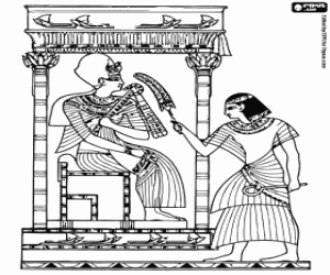 desenho de O faraó Tutankhamon sentado sobre o trono com um servo ao seu lado para colorir