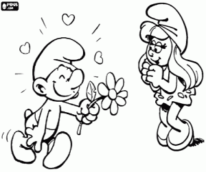 desenho de O Smurf Apaixonado com uma flor e Smurfette animada para colorir