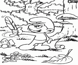 desenho de O Smurf Poeta está à procura de inspiração, com caneta e papel na floresta para colorir