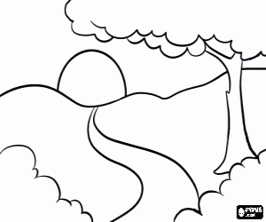 desenho de Paisagem ao amanhecer com uma árvore e um caminho para colorir