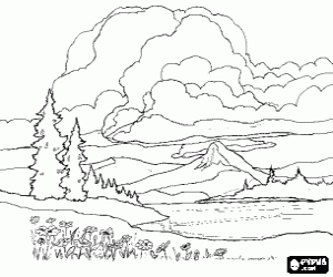desenho de Paisagem com montanhas ao fundo com um céu nublado espetacular para colorir