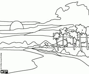 desenho de Paisagem de uma ilha tropical com palmeiras e montanhas no fundo nuvens para colorir