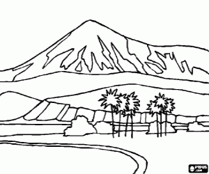 desenho de Paisagem deserto, um oásis com uma montanha ao fundo para colorir