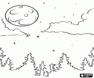 desenho de Paisagem numa noite de lua cheia na floresta de abetos para colorir