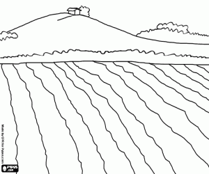 desenho de Paisagem rural com um campo arado em primeiro plano e uma casa no topo da montanha ao fundo para colorir