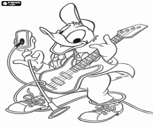 desenho de Pato Donald cantando e tocando violão ao microfone como um cantor famoso para colorir