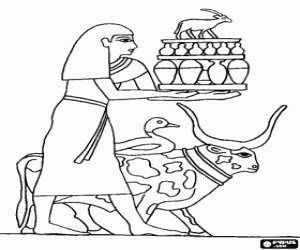 desenho de Personagem do Antigo Egito, com oferendas aos deuses para colorir