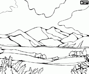 desenho de Planície com vegetação e com as montanhas ao fundo para colorir