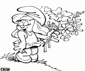 desenho de Smurfette com um buquê de flores para colorir