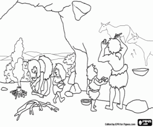 desenho de Uma família pré-histórica na caverna. A mulher prepara o fogo, o homem pinta cenas de caça nas paredes das cavernas para colorir