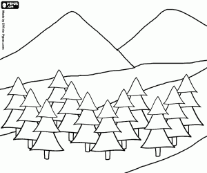 desenho de Vista de duas montanhas com um plano de árvores para colorir
